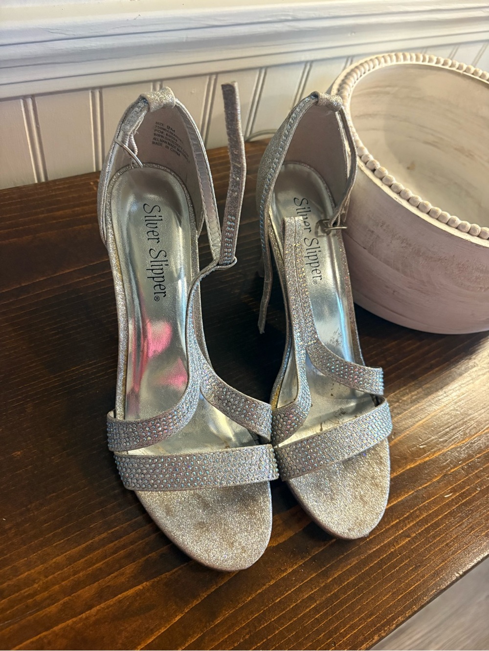 Silver Slipper® Glitter Ankle-Strap Heels in Silver